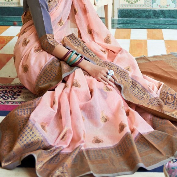 JHEAPS LIGHT PINK LINEN WOVEN DESIGN SAREE - Picture 2 of 3